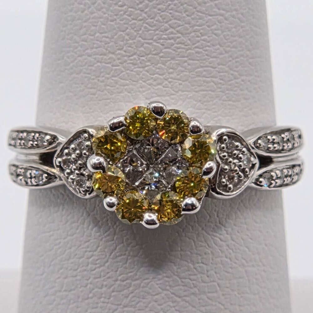 Yellow Diamond Halo Ring: 14k White Gold Vintage Cocktail Ring
